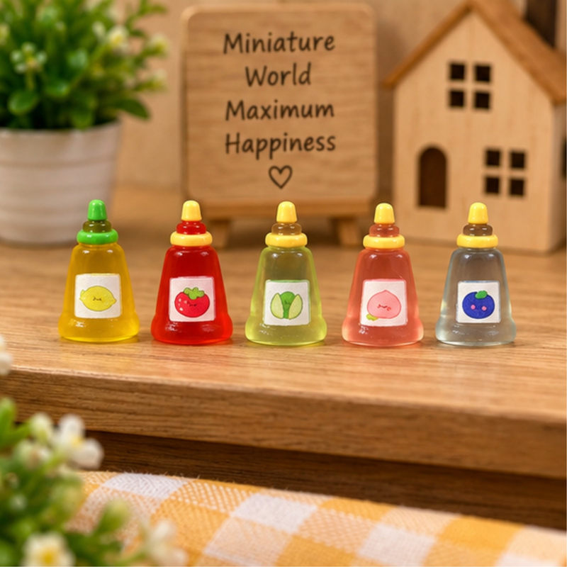 Set of 6 Miniature Fruit Sauce Bottles, Tiny Dollhouse Kitchen Accessories