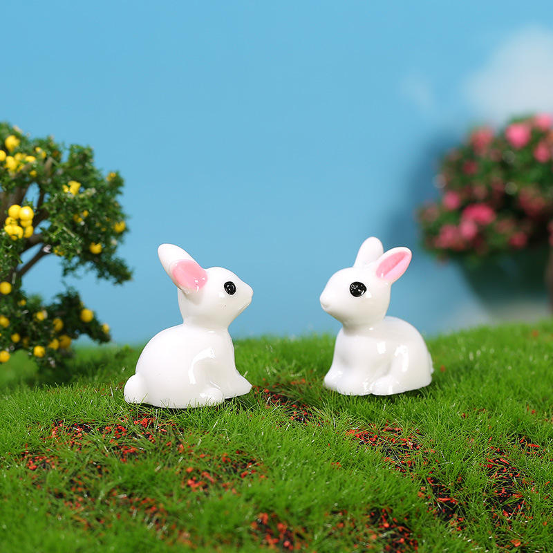 Set of 10 Cute Miniature White Plastic Rabbits for Fairy Gardens and Terrariums