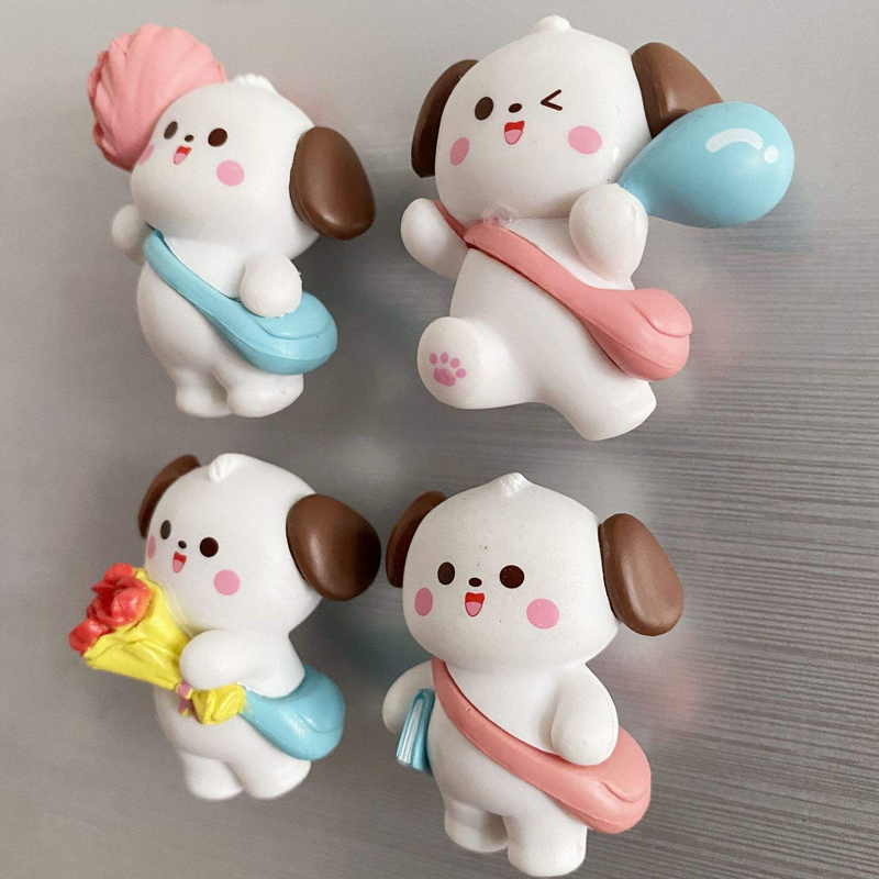 Adorable Cartoon Puppy Miniatures – Set of 4 Cute Dog Figurines with Bags and Accessories