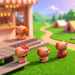 Four glossy miniature capybaras in a campsite setting with a food stand and red scooter on green grass.