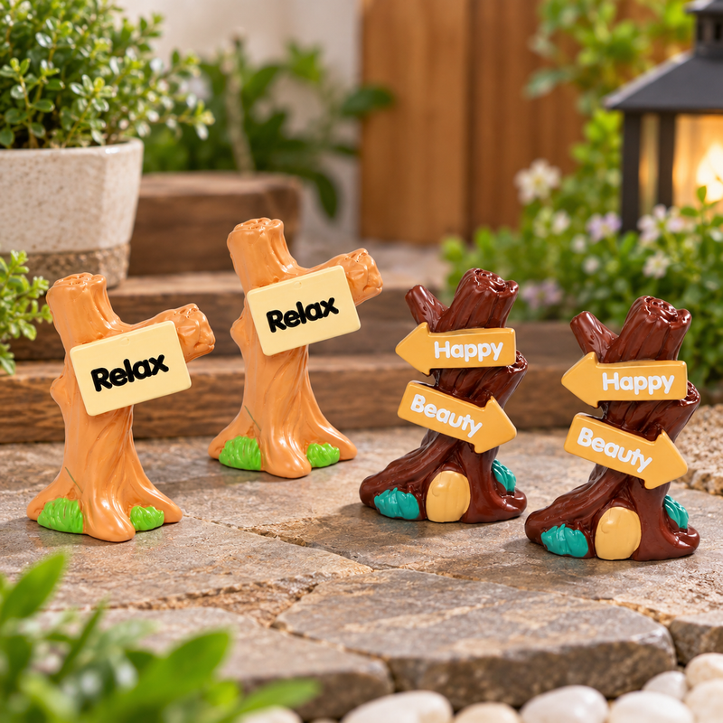 Miniature Wooden-Style Directional Signs Set of 4 – Decorative Fairy Garden & Terrarium Signs