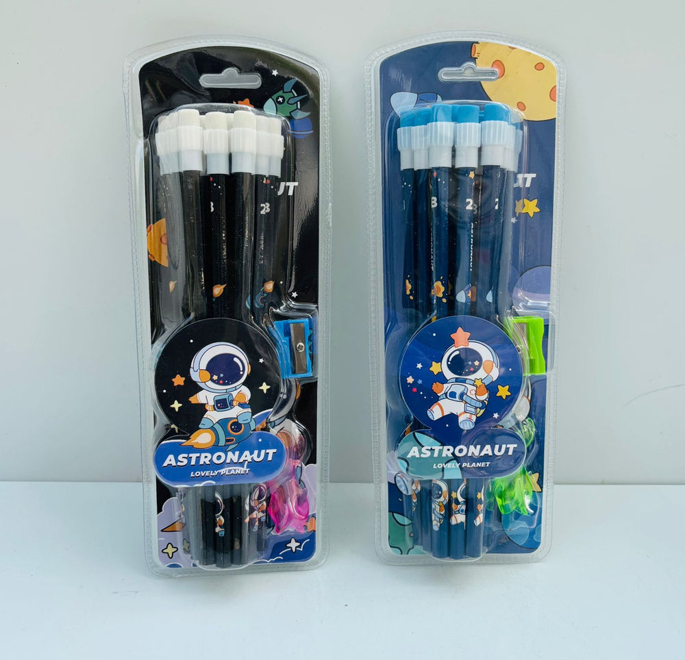 Wonderland 2B Pencil set of 2 -Pack of 24  with top erasers , 2 grip and 2 sharpner | Writing pencils for school and return gifts(Astronaut Black, Blue)