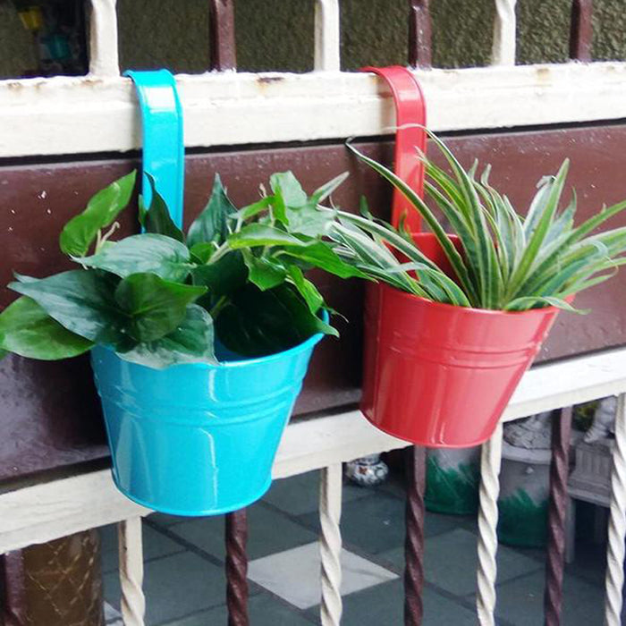 Set of 2 Hanging Railing Buckets in Red & Blue, Planter, planters, Balcony planters, Garden pots and planters