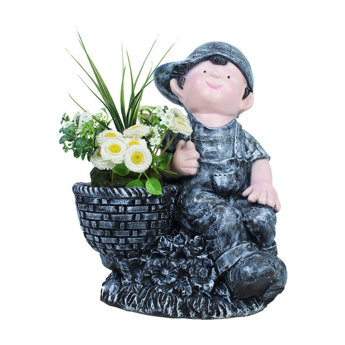 Boy on Stone with Pot Planter for Garden Decoration (Grey)
