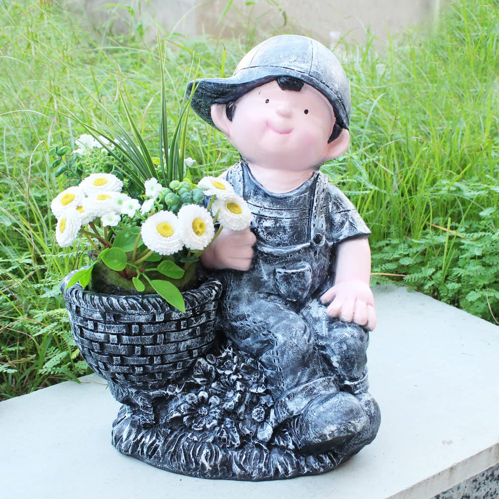 Boy on Stone with Pot Planter for Garden Decoration (Grey)