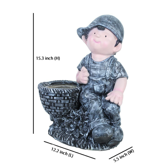 Boy on Stone with Pot Planter for Garden Decoration (Grey)