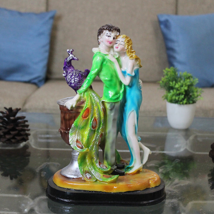 Wonderland Romantic Love Couple Statue Showpiece for Valentine Day, Standing Couple Sculpture Gift for Home Decor, Table Top, Couple. (Green & Sky Yelllow )