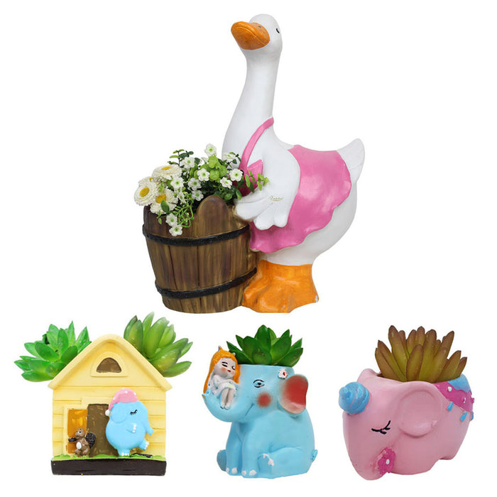 Wonderland Combo pack of 4: Pink duck with basket planter, Elephant outside house succulent pot, Blue Elephant succulent pot, Pink Elephant Succulent pot