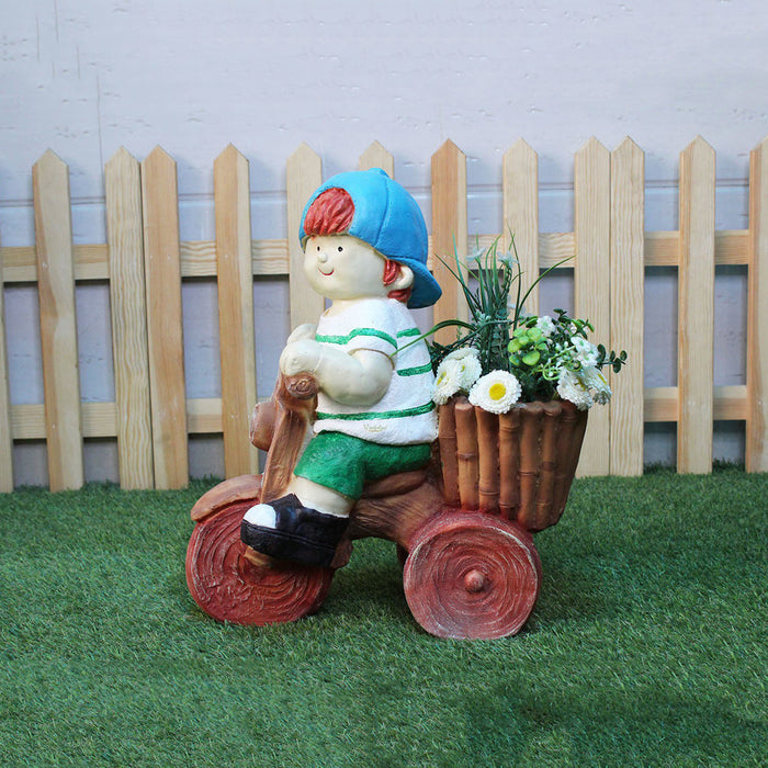 Boy on Cycle Pot Planter for Balcony and Garden Decoration (Light Green)