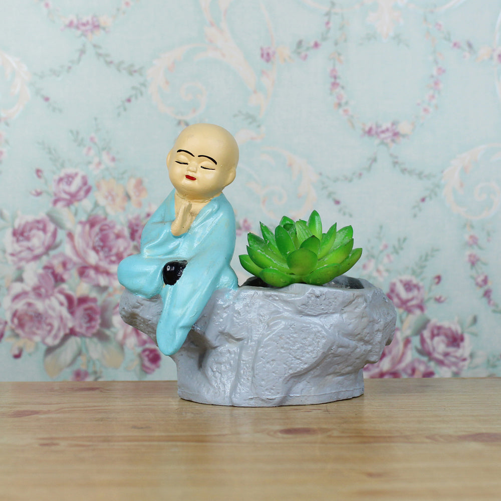 Monk with Succulent Pot Home and Balcony Decoration (Blue)
