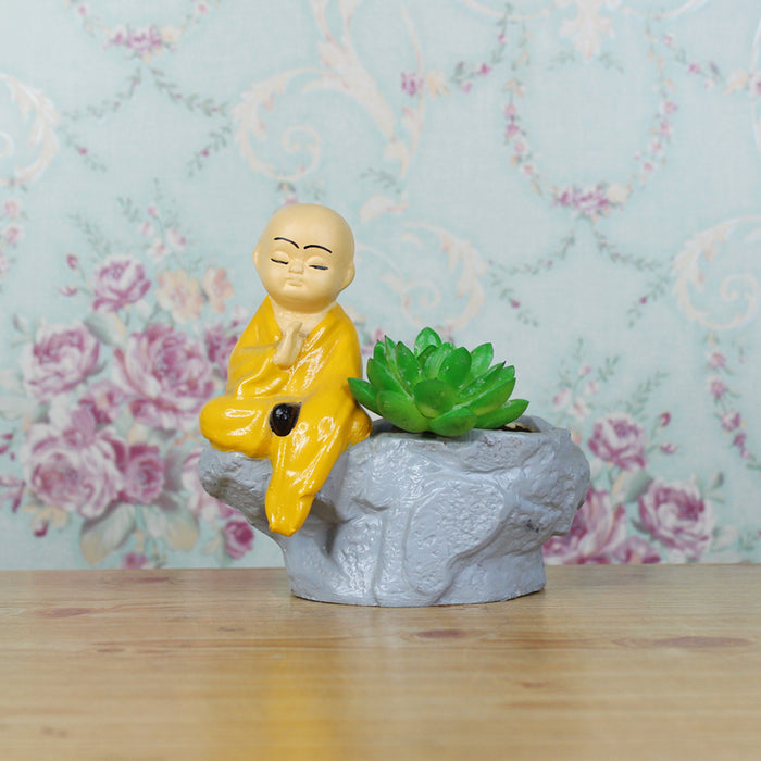 Monk with Succulent Pot for Home and Balcony Decoration (Yellow)