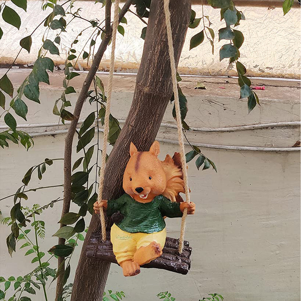 Hanging Squirrel Boy Swinging Statue for Garden Decoration (Brown)