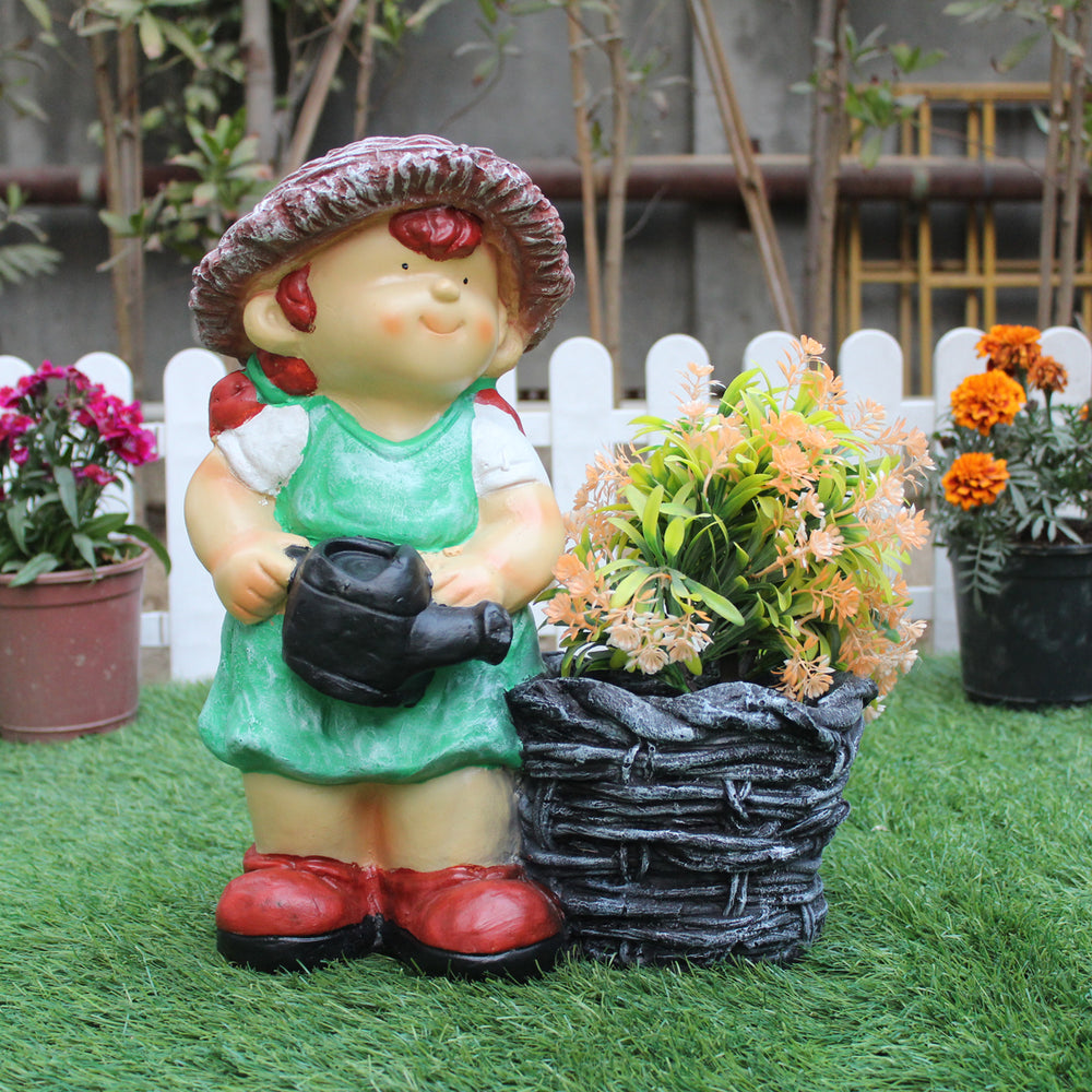 Wonderland resin girl holding water can planter (Green)
