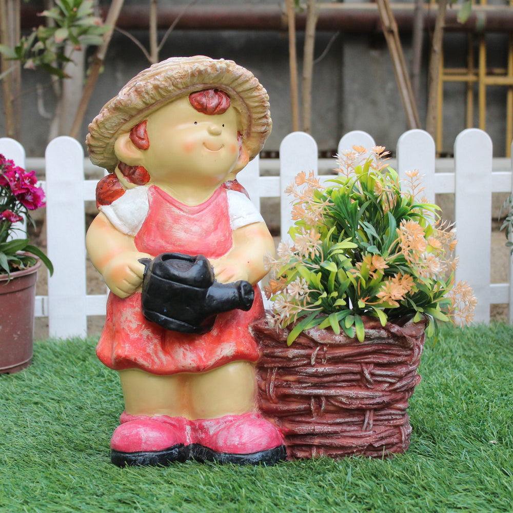 Wonderland resin Farm Girl holding water can planter (Orange)