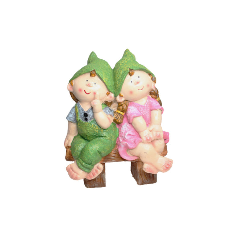 Wonderland Resin Two Elves sitting on Bench 1 (Green & Pink)|Adorable Kids Sculpture for balcony and home décor