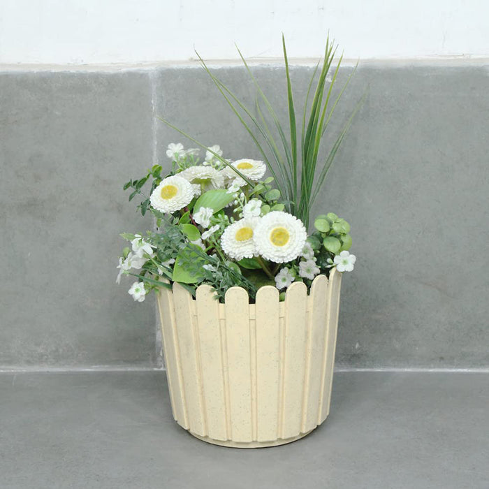 8 inches Plastic Round Fence Garden pots for Outdoor (Set of 3) (Marble Beige)