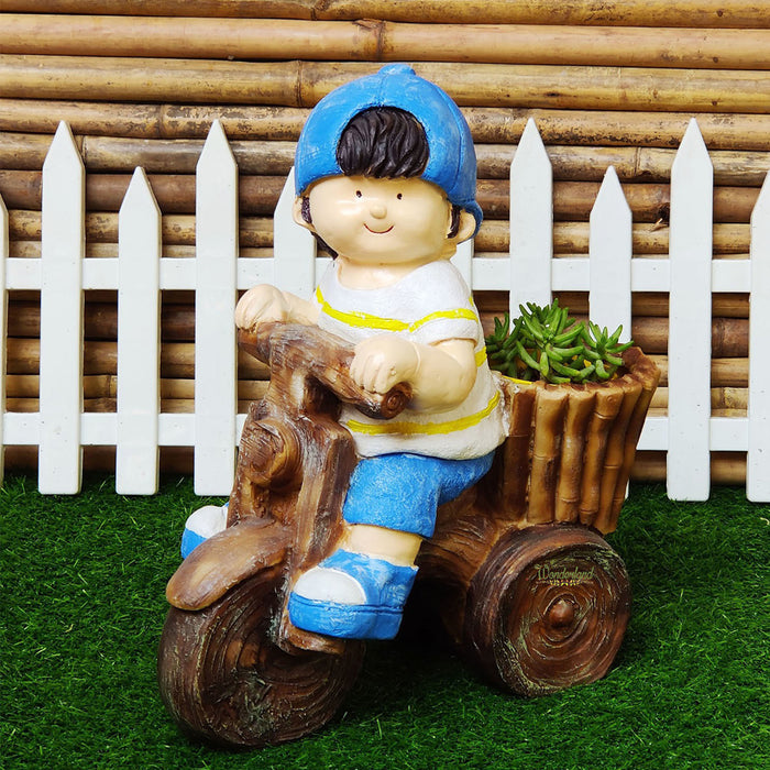 Boy on Cycle Flower pots for Balcony and Garden Decoration (Blue)
