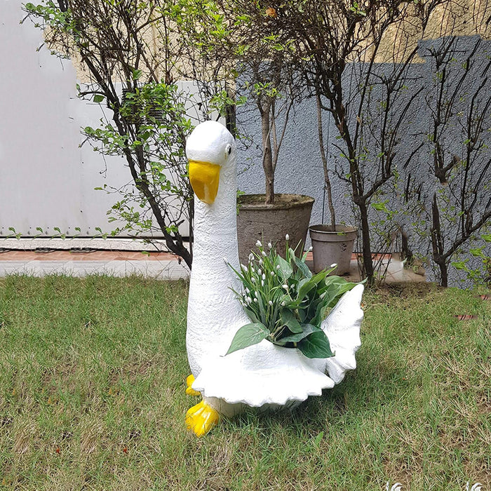 Closed Mouth Duck with Pot Planter for Garden Decoration (White)