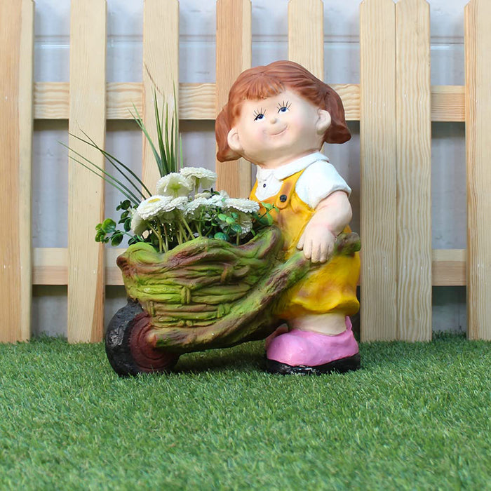 Girl Pushing Trolley Pot Planter for Balcony and Garden Decoration