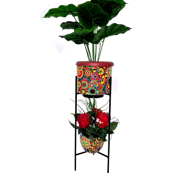 Double Pot with Stand for Home and Balcony Decoration (Multicolor)