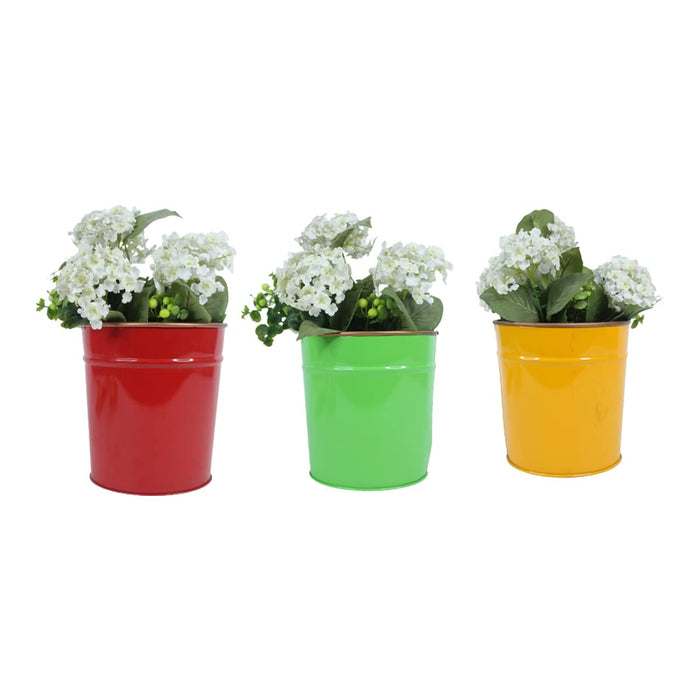 (Set of 3) Plain Metal Pots for Home and Garden Decoration (Red/Green/Yellow)