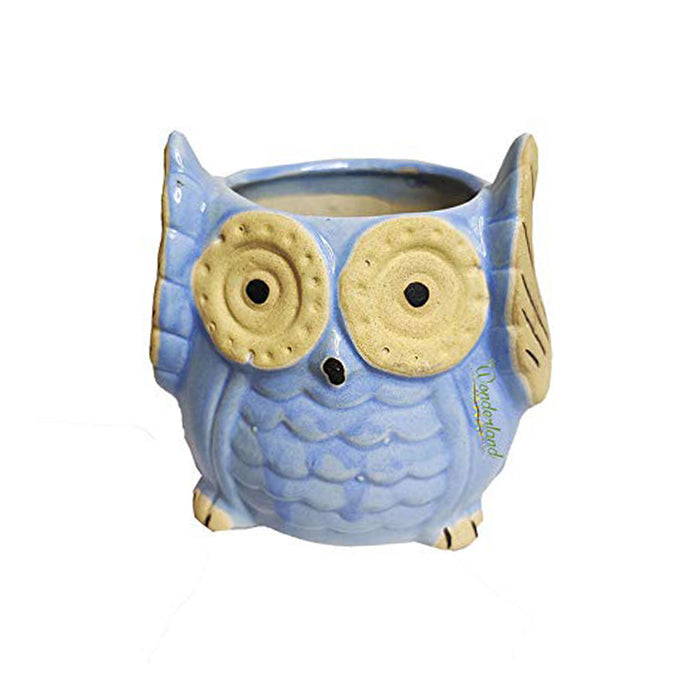 Ceramic Owl Pot for Home and Garden Decoration (Light Blue)
