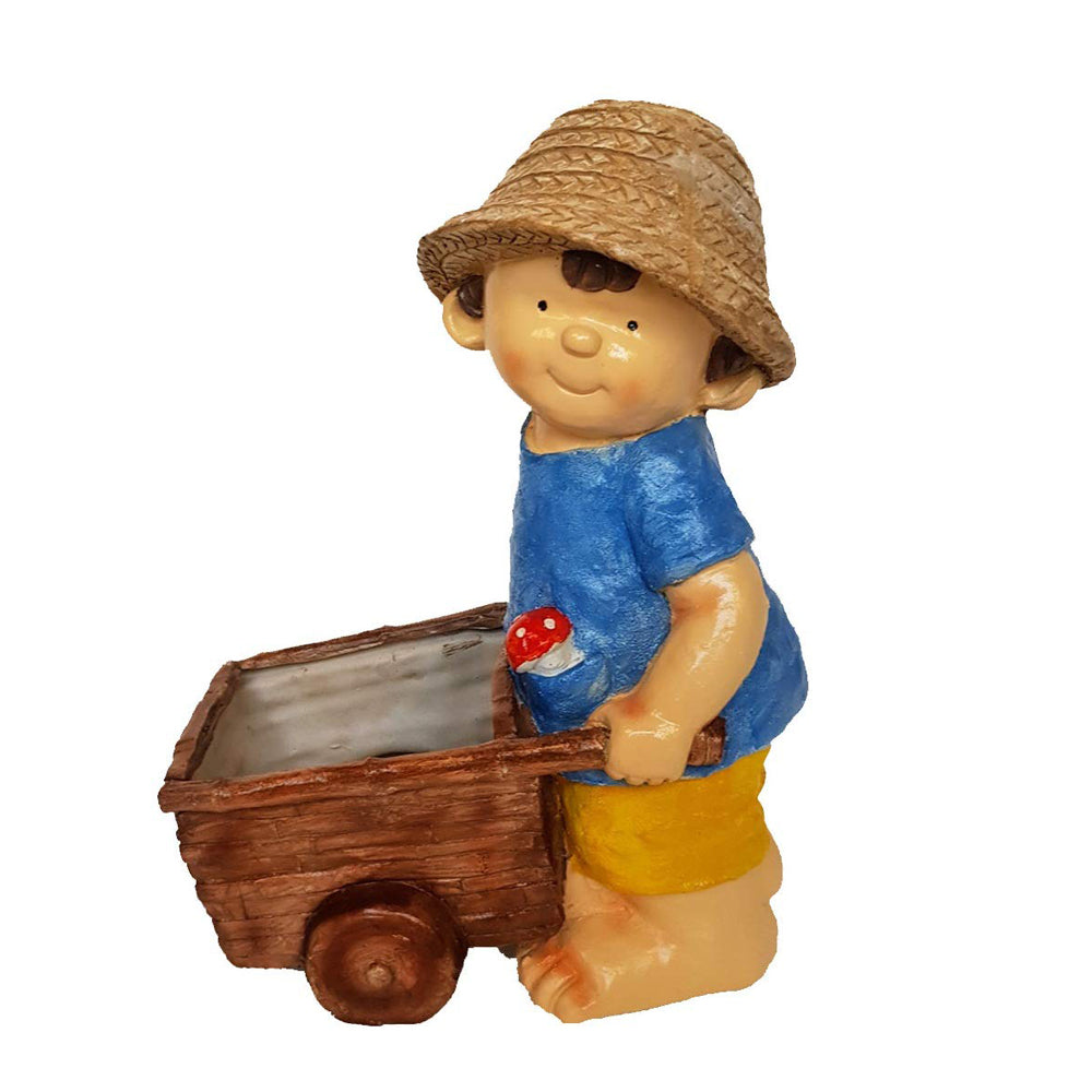Boy Statue Pushing Cart Pot Planter for Garden Decoration (Yellow)