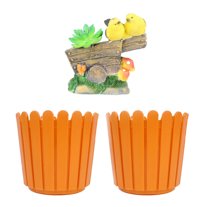 Wonderland Garden décor and Planters Combo pack  (Two birds Succulent pot, 2 pcs of 11 inch Orange Fence Round Pot)