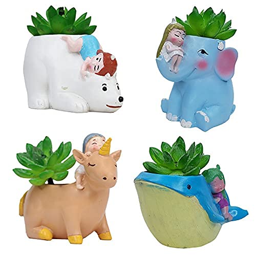 (Set of 4) Polar Bear, Blue Elephant, Whale, Pink Unicorn Succulent Pot
