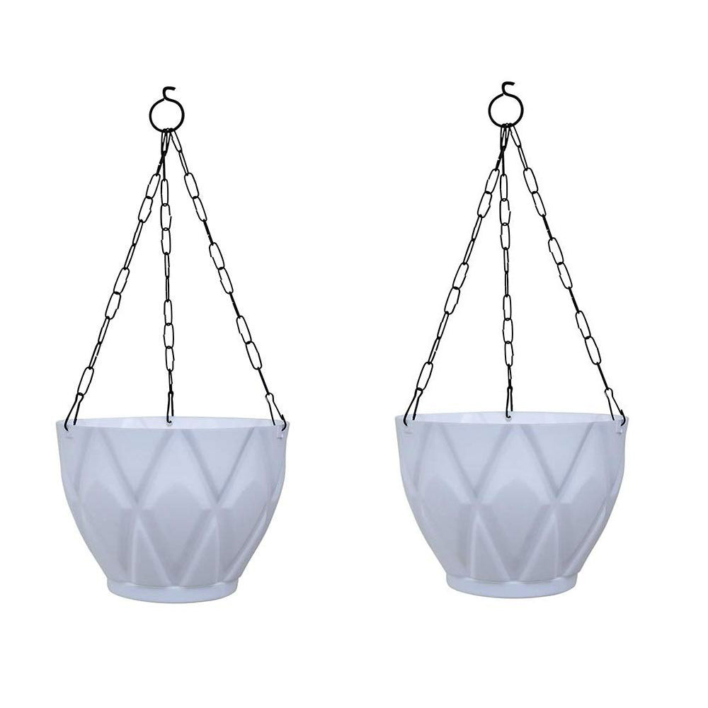 (Set of 2) Hanging Solitaire Pot with Chain and Drain Base for Home Garden, White