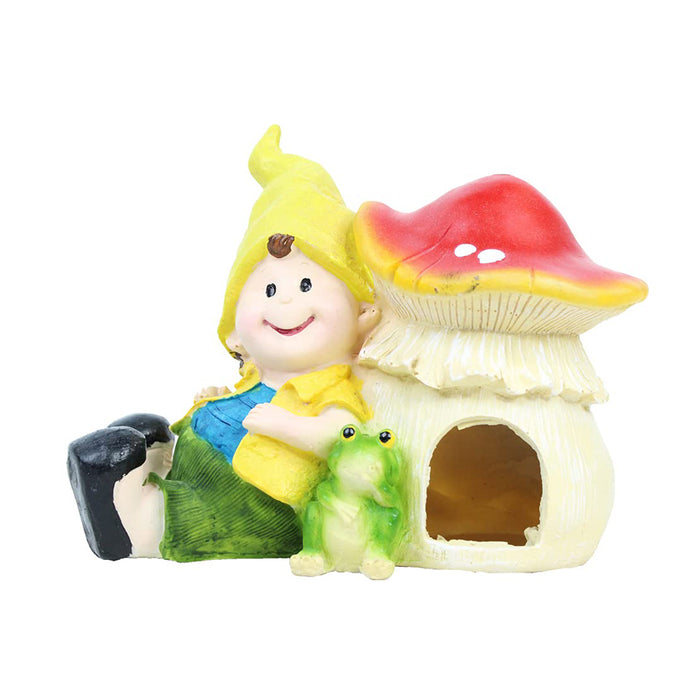 Boy & Toad with Mushroom House for Garden Decoration