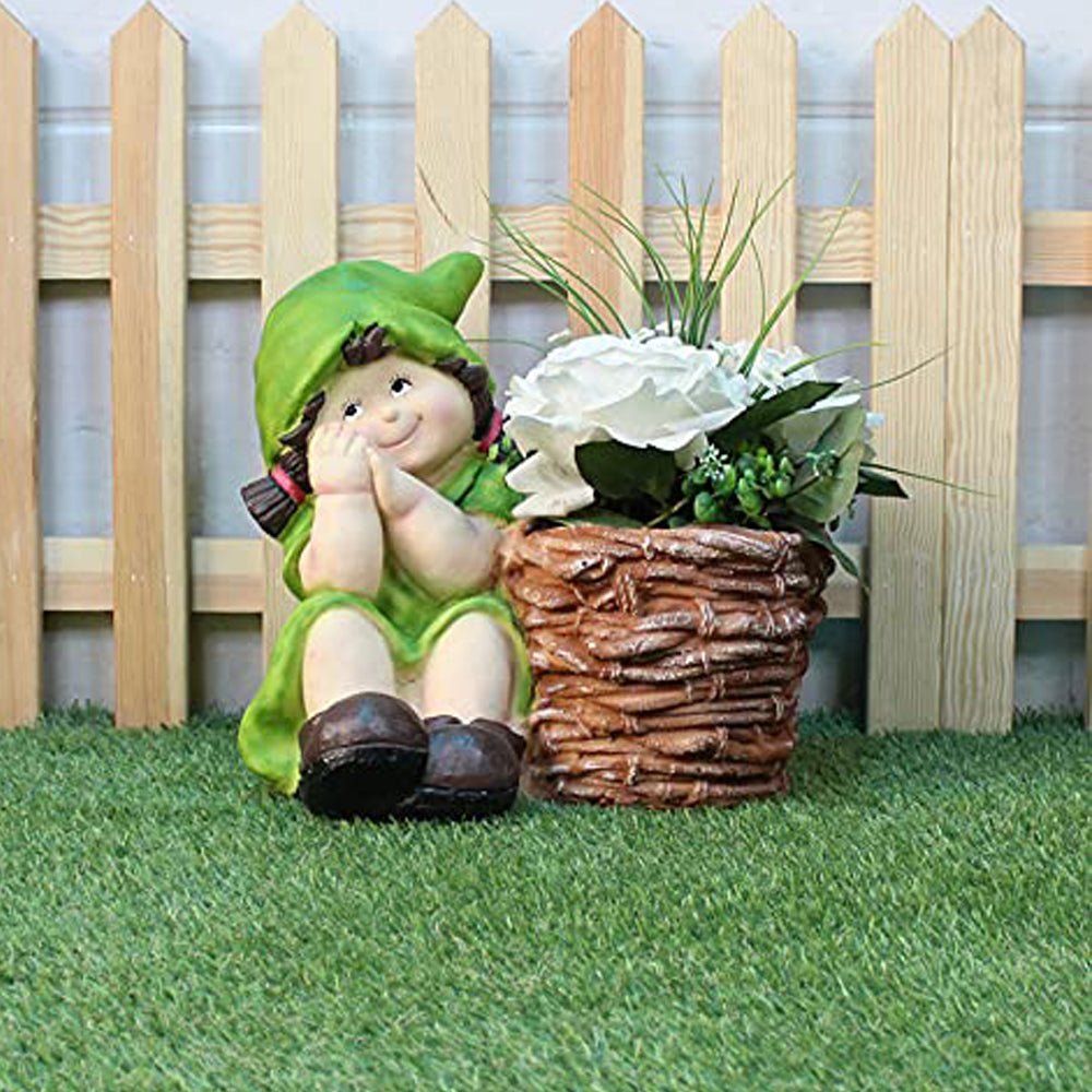 Girl with Pot Planter for Balcony and Garden Decoration (Green)