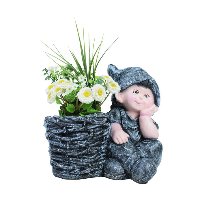 Boy with Pot Planter for Balcony and Garden Decoration (Dark Grey)