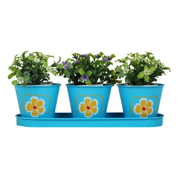 (Set of 3) Metal Pots With Tray for Home Decoration