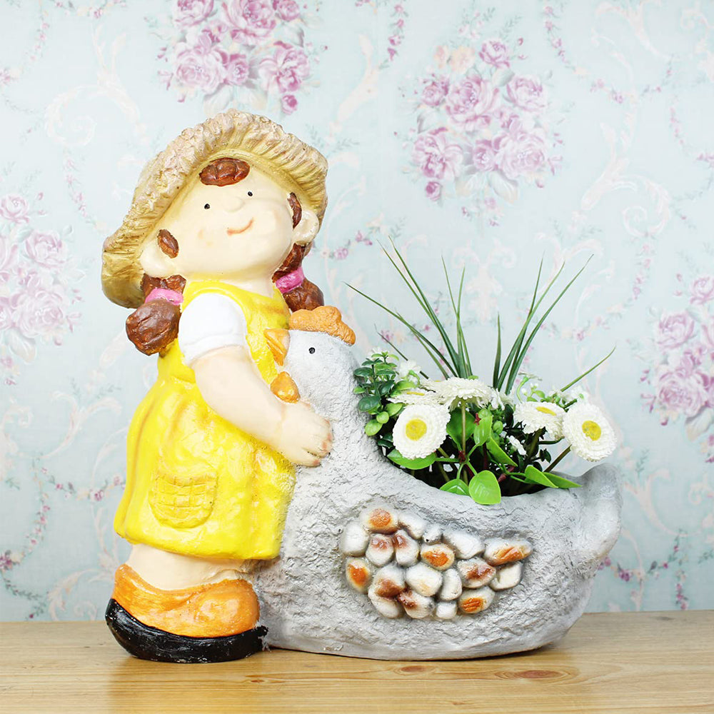 Girl with Duck Pot Planter for Garden and Balcony Decoration