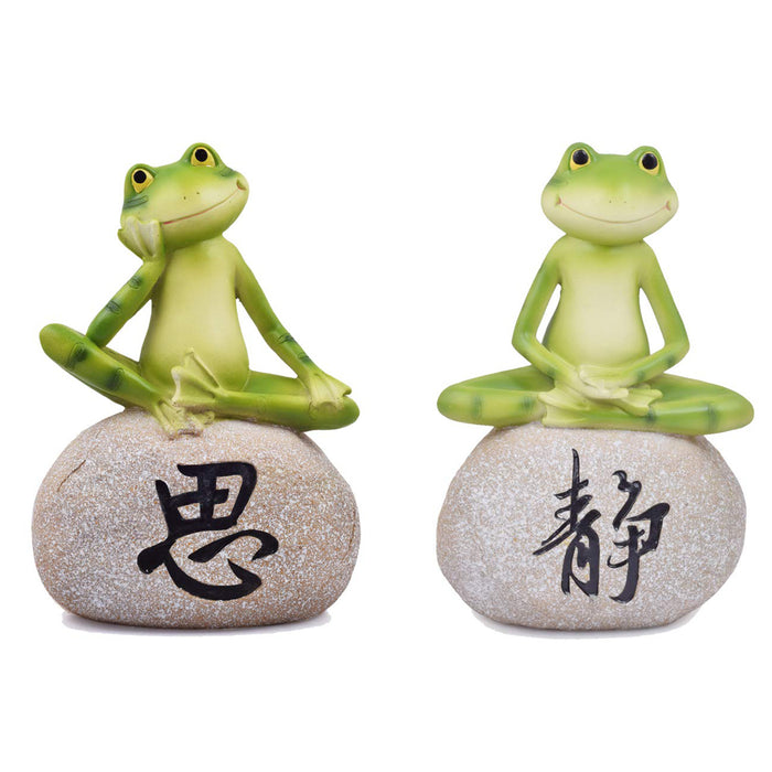 (Set of 2) Frogs Sitting on Stone for Garden Decoration