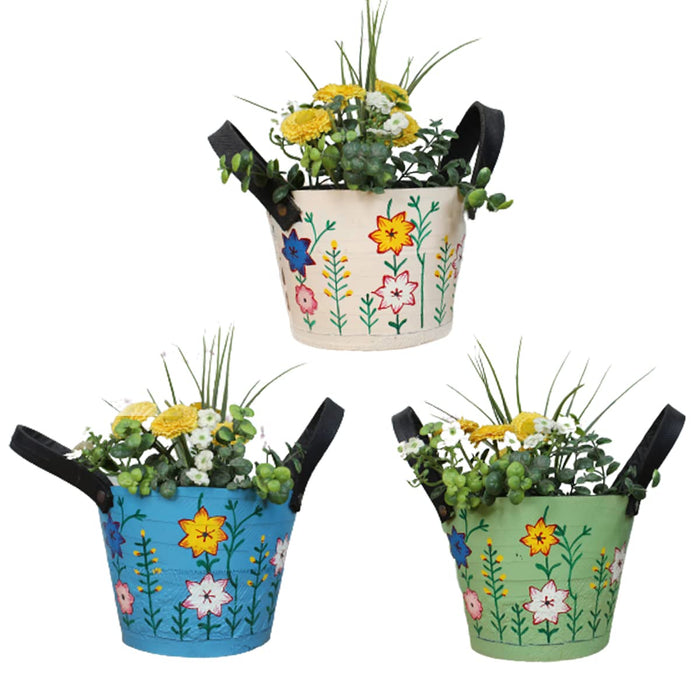 (Set of 3) Leather Pots with Handle for Home and Garden Decoration
