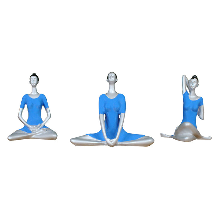 (Set of 3) Small Blue and Silver Yoga Girl Statue.