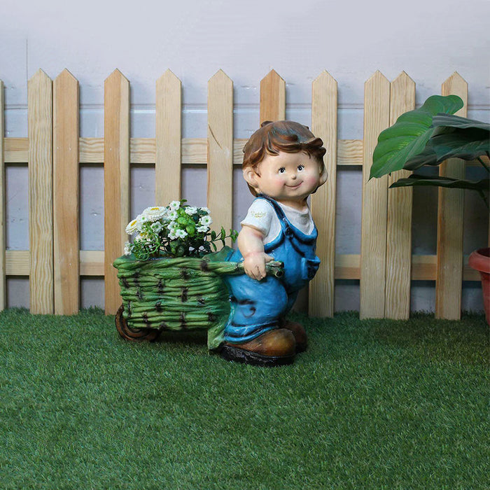 Boy Pushing Trolley Pot Planter for Balcony and Garden Decoration