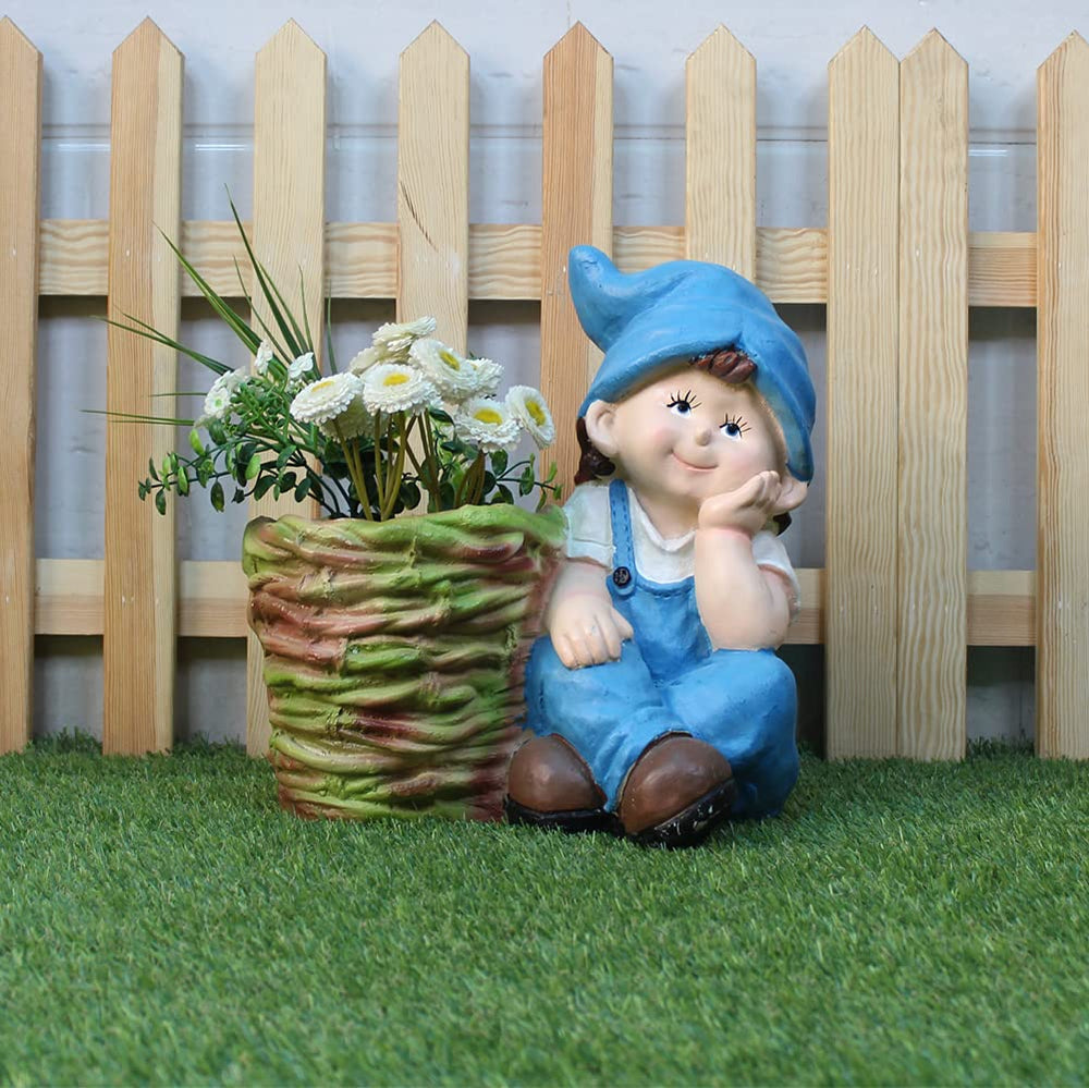 Wonderland Boy Sitting with Big Eyes Resin Pot Planter | Material Resin | Height 12 Inches | Drainage Hole | Decorative Planter for Inside or Outside home | Garden Planter, Homde Decor, Garden Decor