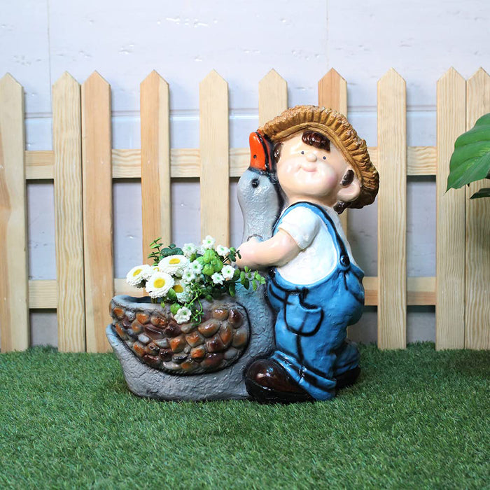 Boy with Duck Pot Planter for Balcony and Garden Decoration