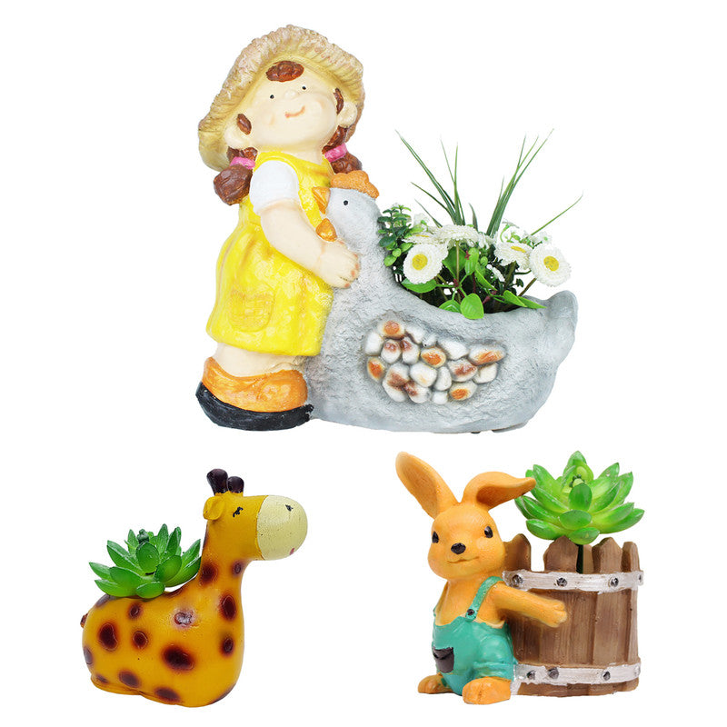 (Pack of 3) Girl with Hen, Giraffe & Bunny Succulent Pot