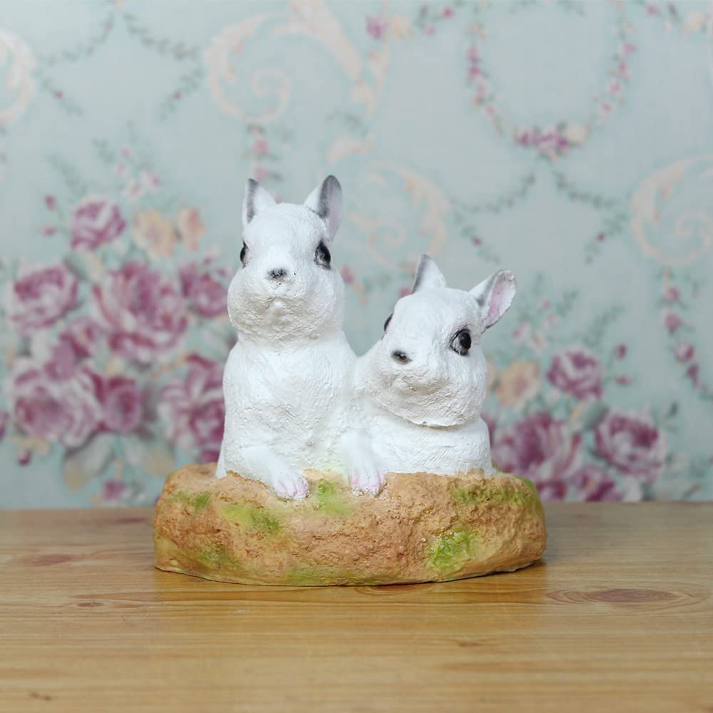 Joint Hare/Rabbit Family Garden Statue - Miniature Bunnies on Mossy Rock Figurine for Outdoor Decor and Patio