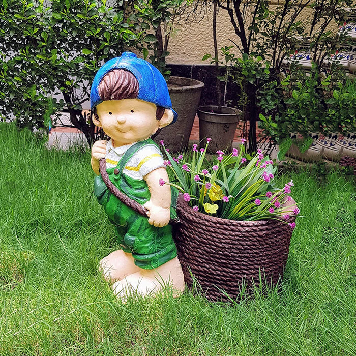 Standing Boy Statue with Basket Pot Planter for Garden Decoration