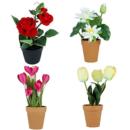 Wonderland Set of 4 Artificial Real Looking Flower Pots ( Rose, Lotus, Saffron , Tulips)