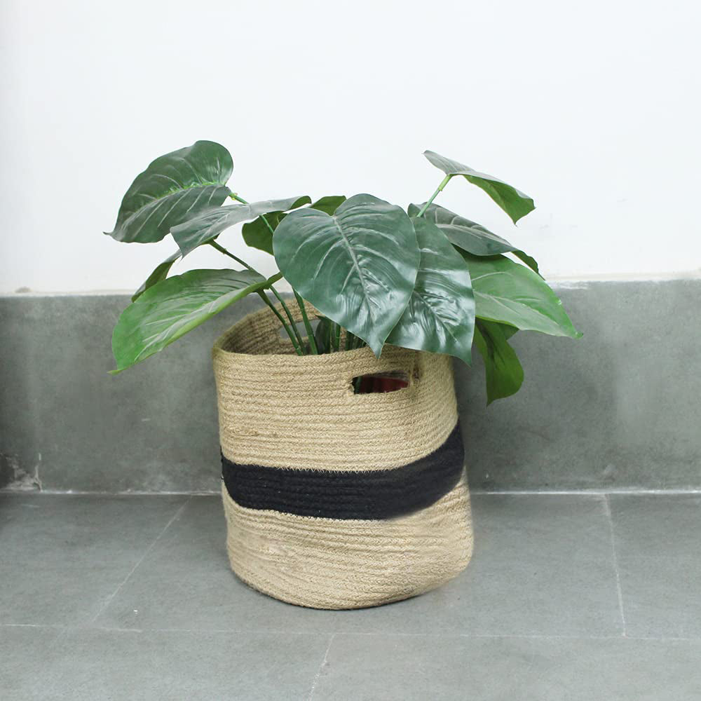 Jute Planter & Multi Purpose Storage Bag for Home Use (Beige & Black)