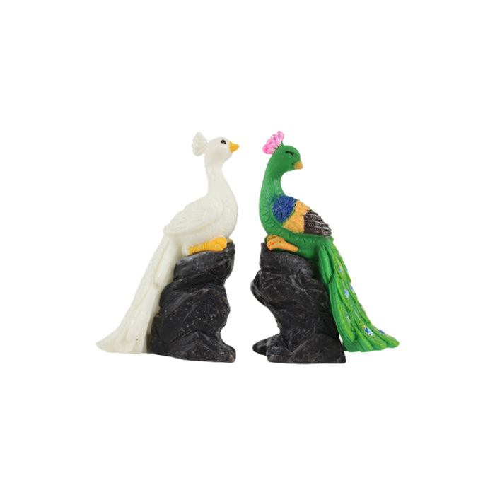 Miniature toys Set of 2 sitting on rock Peacock on Stone