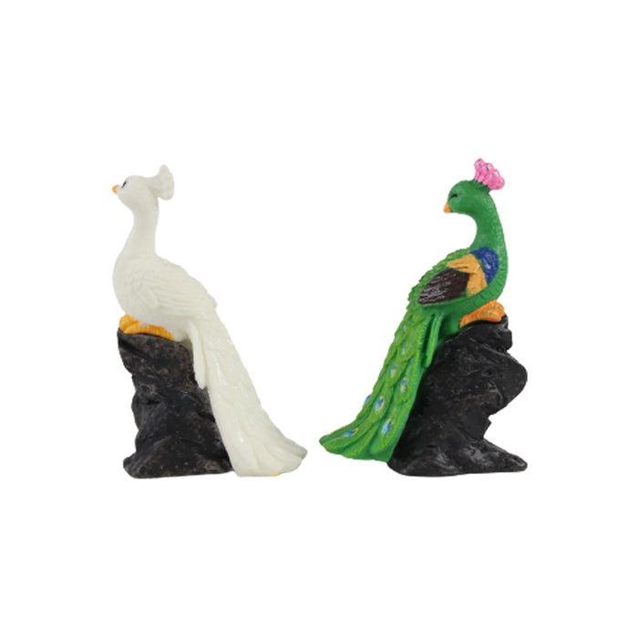 Miniature toys Set of 2 sitting on rock Peacock on Stone