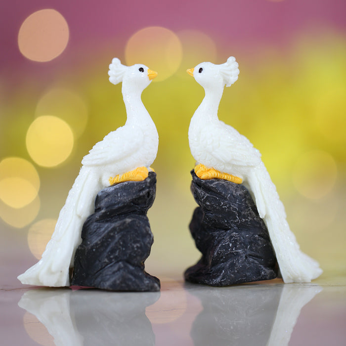 Wonderland  Miniature toys sitting on rock Peacock On  Stone (White set of 2 )