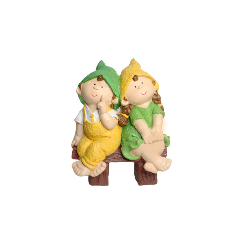 Wonderland Two Elves sitting on Bench 3 (Yellow & Green)|  Sculpture of Children for Home and Balcony Decoration